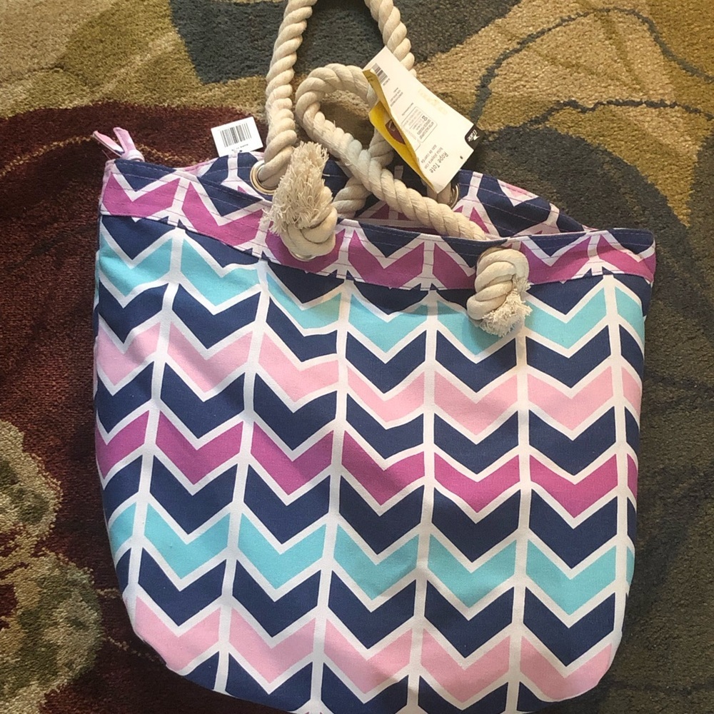 NWT Nautical Chevron Rope Handle Canvas Beach Tote Bag - Multi-Color - Picture 4 of 7